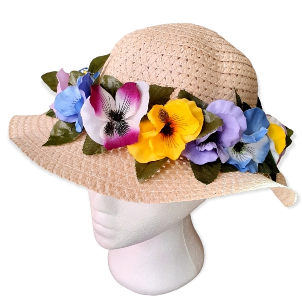 GROOVY GLAM Flower Power Beige Wide Brim Straw Hat with Silk Pansies - Picture 4 of 10